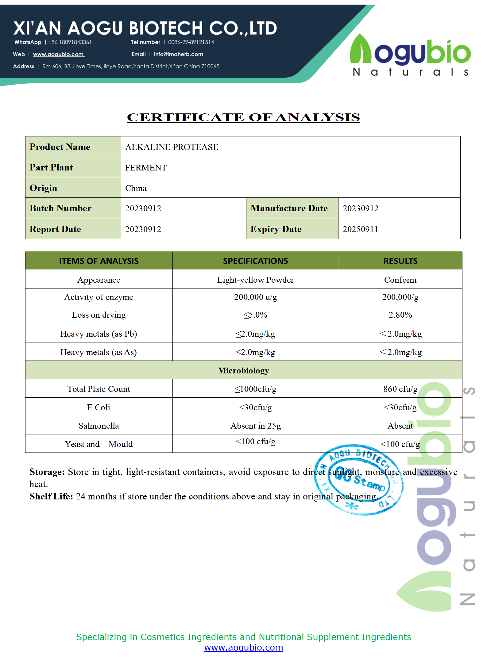 COA of Alkaline Protease