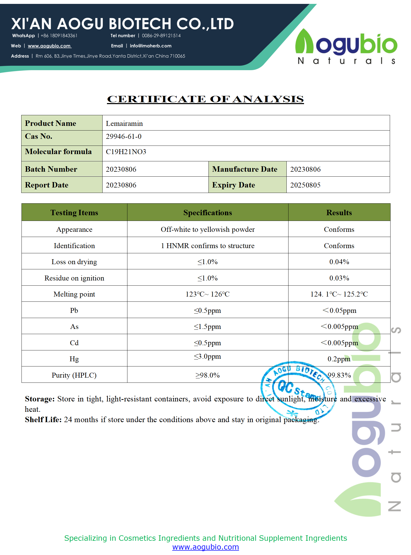 Specifications of Lemairamin