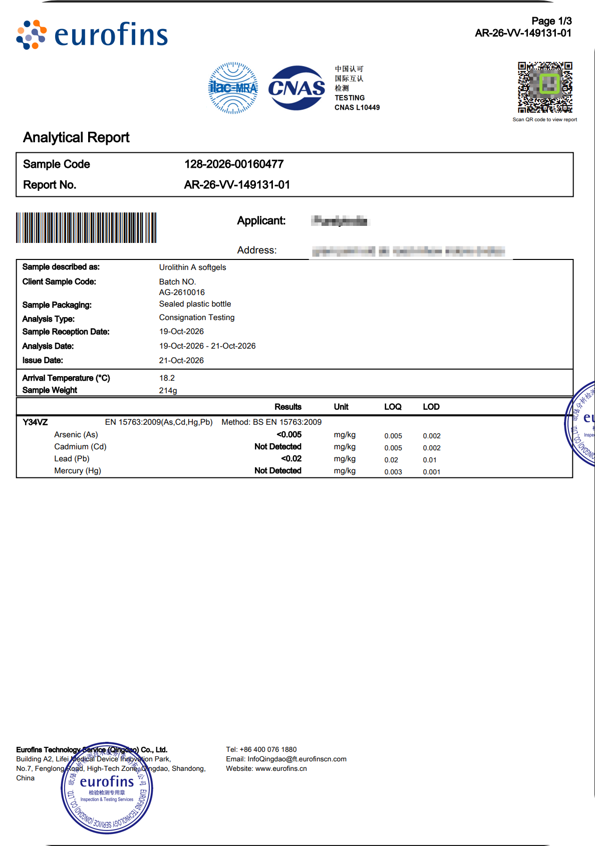 Urolithin A Heavy Metals test report